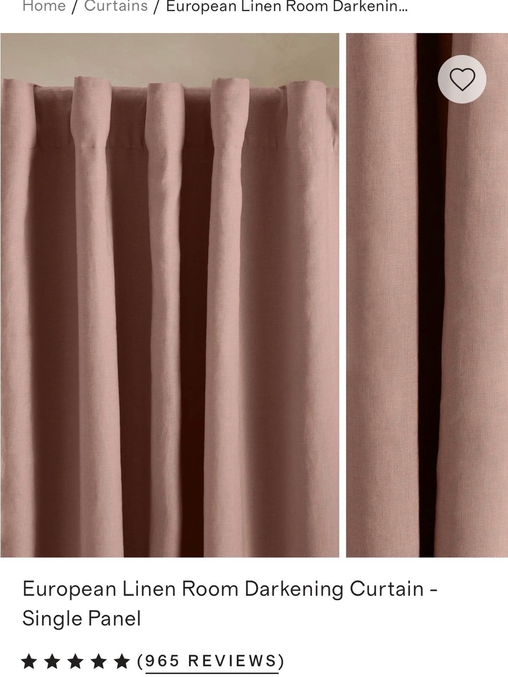Quince NWOT European Linen Room Darkening Curtain Panel in Dusty Rose 48x96